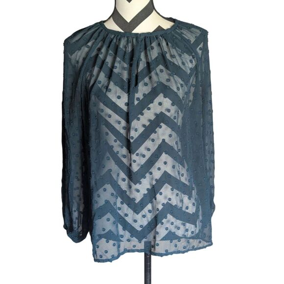 MNG Mango L Teal Blue Swiss Dot & Chevron Sheer Blouse - Picture 1 of 4